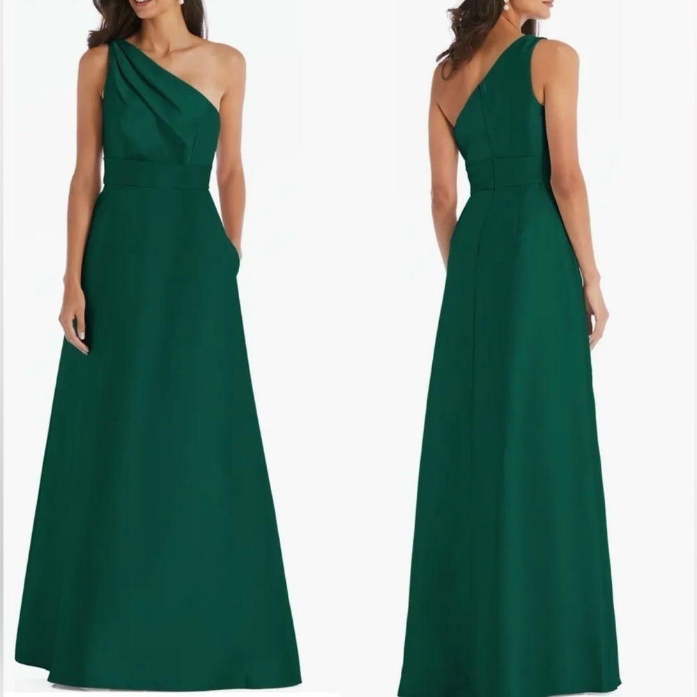 NWOT Alfred Sung Satin Twill One Shoulder A-line Pocket Gown Dress sz 4